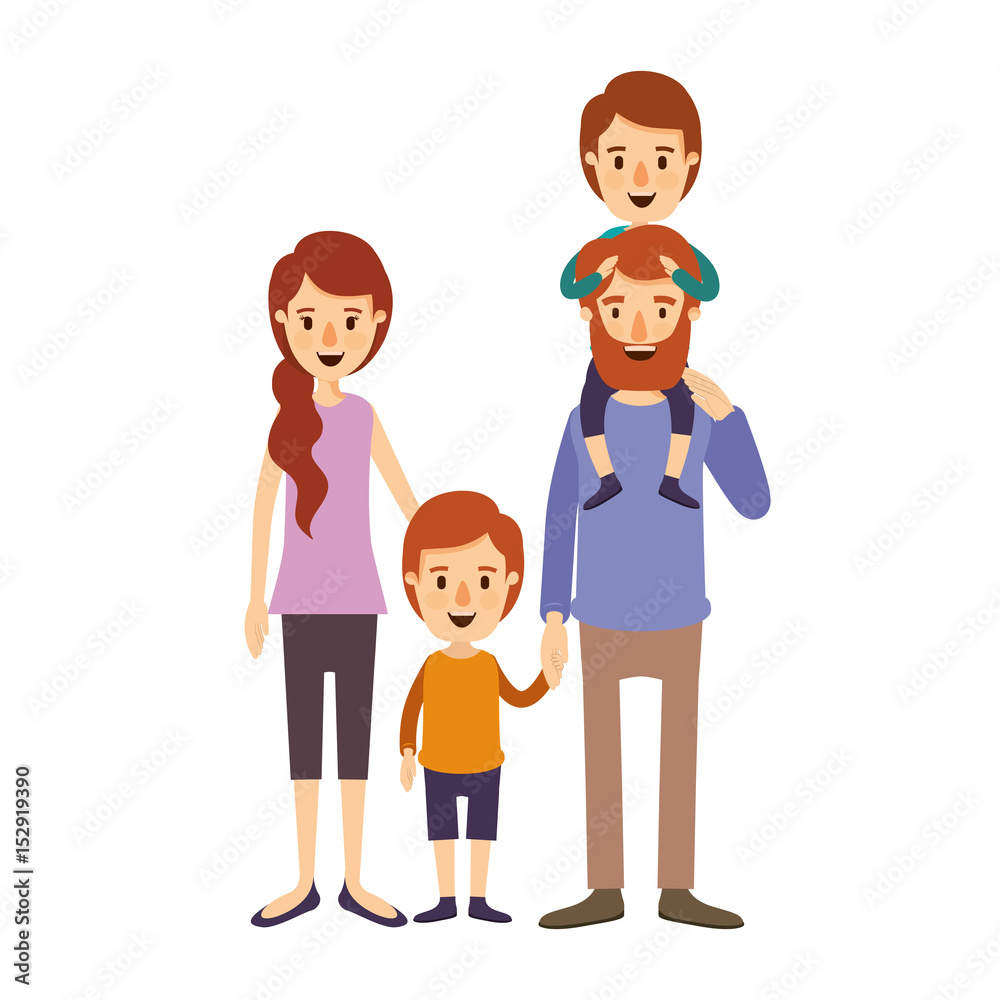 colorful image caricature family parents with boy on his back and girl taken hands vector illustration