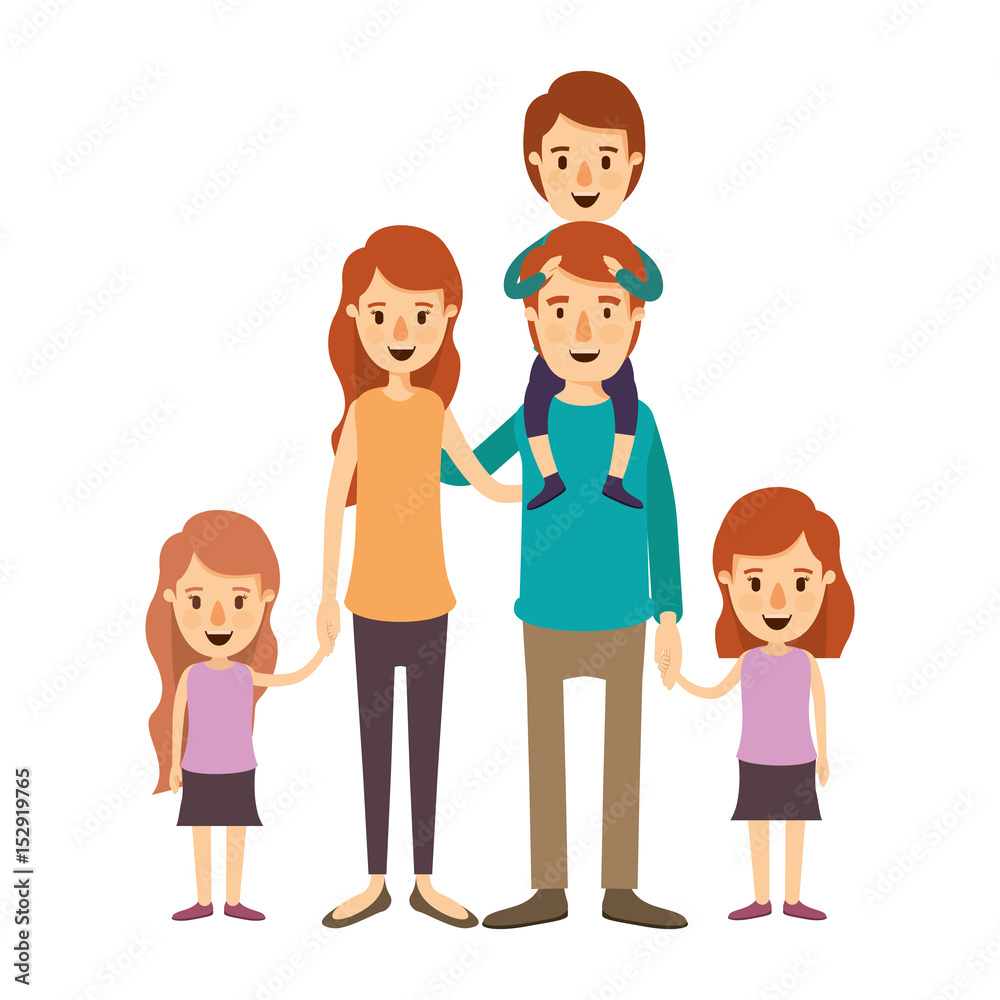 colorful image caricature big family parents with boy on his back and daugthers taken hands vector illustration
