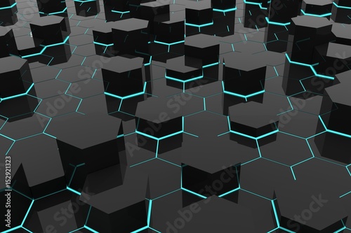 blue light abstract background in black hexagons geometric style in 3D rendering