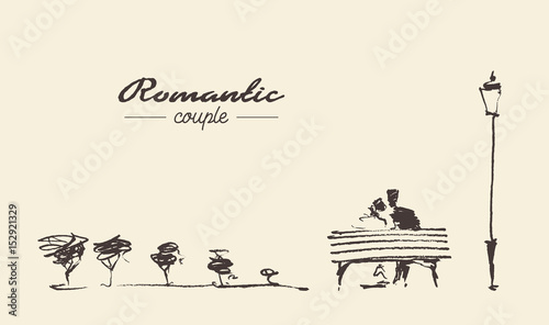 Romantic sketch loving couple bench drawn sketch
