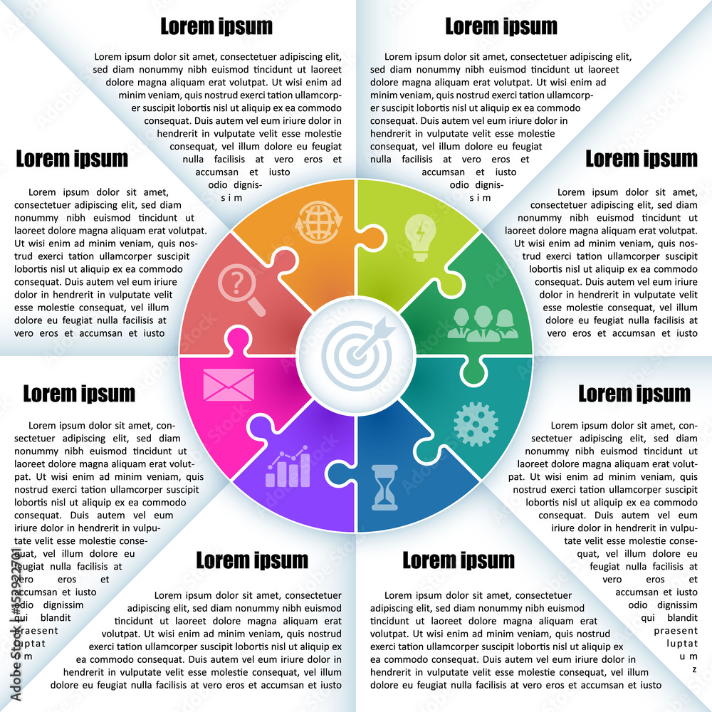 Sheet with infographic template with place for description. 8 colorful parts of the chart with icon and puzzle element. For presentation and design concept. Vector illustration. Sheet with infographic template with place for description. 8 colorful parts of the chart with icon and puzzle element. For presentation and design concept. Vector illustration.