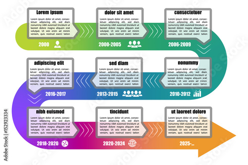 Timeline infographic template with 9 steps. Grey color rectangular elements with color arrow and icons. Vector illustration.