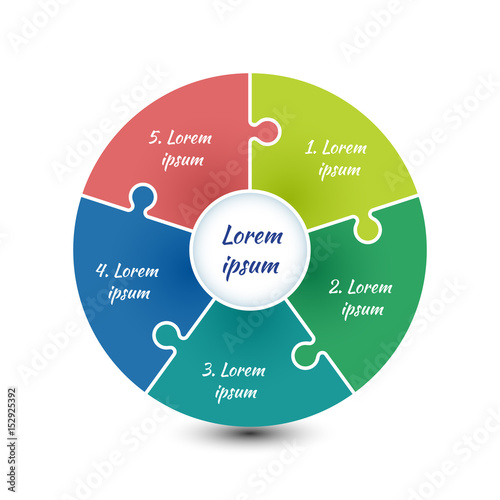 Circle infographic template with 5 steps and central element. Colorful parts of the chart  with puzzle elements. For presentation and design concept. Vector illustration.