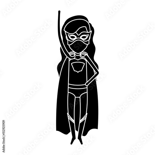 silhouette black front view superwoman in outfit with hand up vector illustration