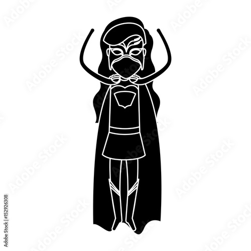 silhouette black front view superwoman standing in outfit with hand up vector illustration