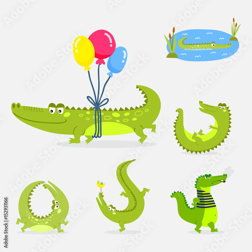 Cartoon green crocodile funny predator australian wildlife river reptile alligator flat vector illustration.