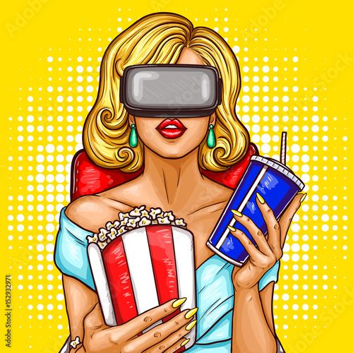 Vector pop art illustration of a beautiful blond woman sitting in the auditorium and watching movie with virtual reality glasses.