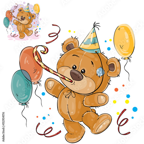 Vector illustration of a brown teddy bear in a cardboard hat and with a whistle surrounded by balloons. Print, template, design element for greeting cards and invitations to a party