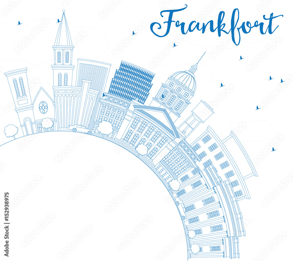 Outline Frankfort Skyline with Blue Buildings and Copy Space.