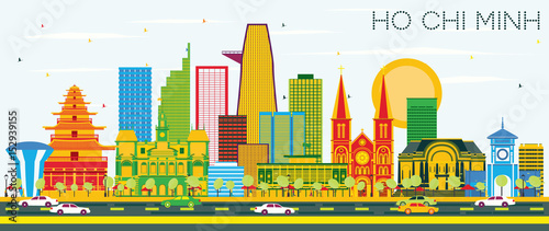 Ho Chi Minh Skyline with Color Buildings and Blue Sky.
