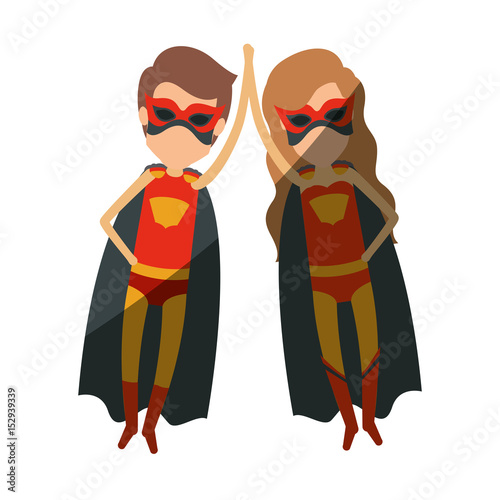 colorful silhouette with faceless couple of superheroes flying and holding hands with shading vector illustration