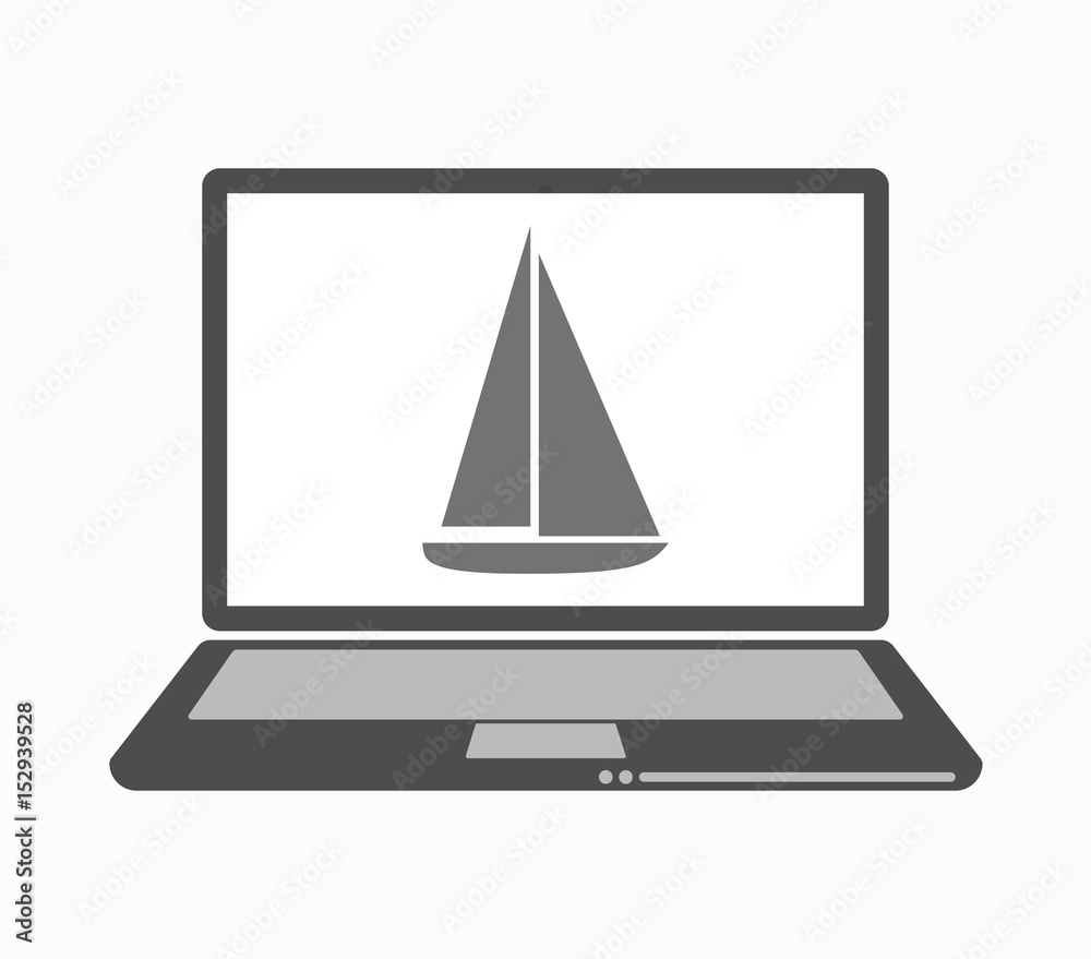 Isolated line art laptop with a ship Isolated line art laptop with a ship