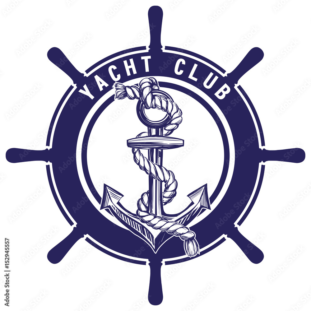 Naklejka premium Anchor and wheel emblem sign symbol vector illustration sketch isolated on white background