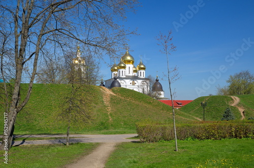 Spring cityscape with view of the assumption Cathedral of the Dmitrov Kremlin, Dmitrov, Moscow region, Russia