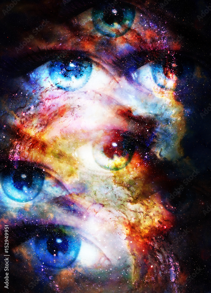 Woman eyes in cosmic background. Painting and graphic design.