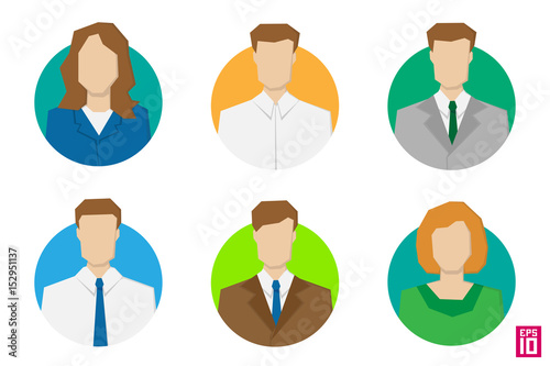 Vector colorful men and women rectangle avatars. Business styled persons with strict dress code.