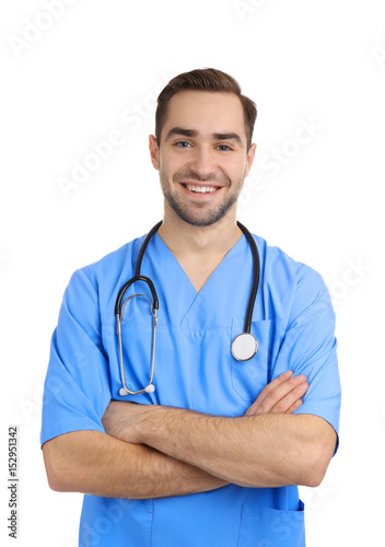 Handsome young medical assistant on white background