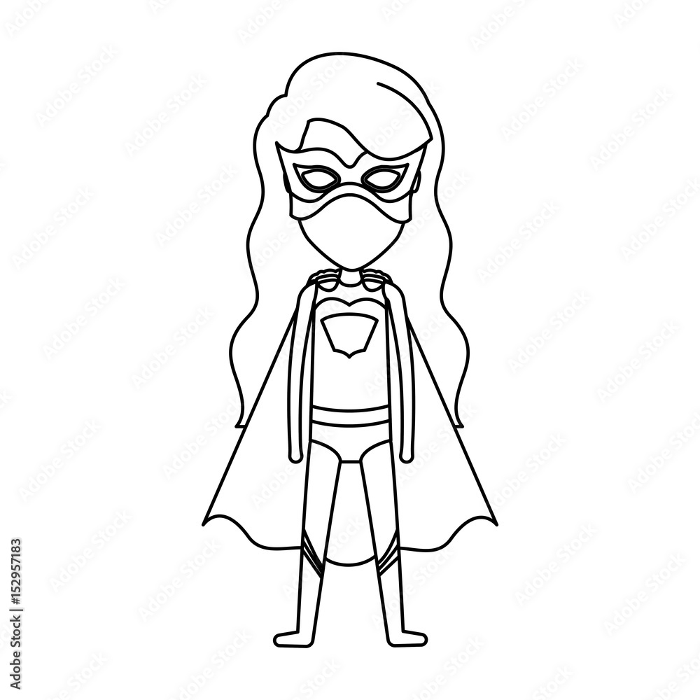 monochrome silhouette faceless with standing girl superhero with long wavy hair vector illustration