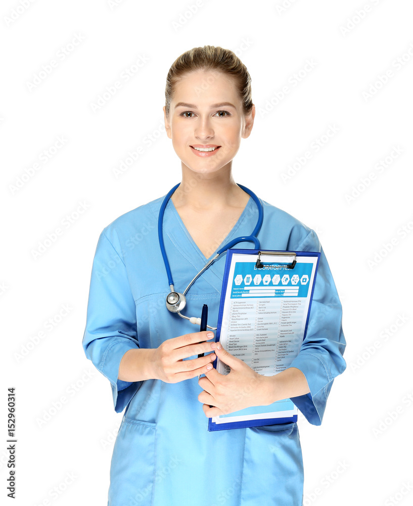 Young medical assistant with clipboard on white background Young medical assistant with clipboard on white background