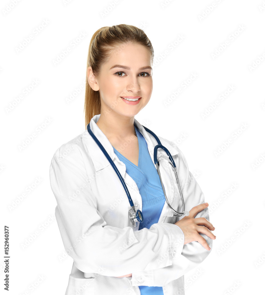 Female doctor with stethoscope on white background Stock Photo | Adobe Stock