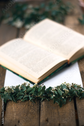 Lilac branches on a wooden background with a book. photo