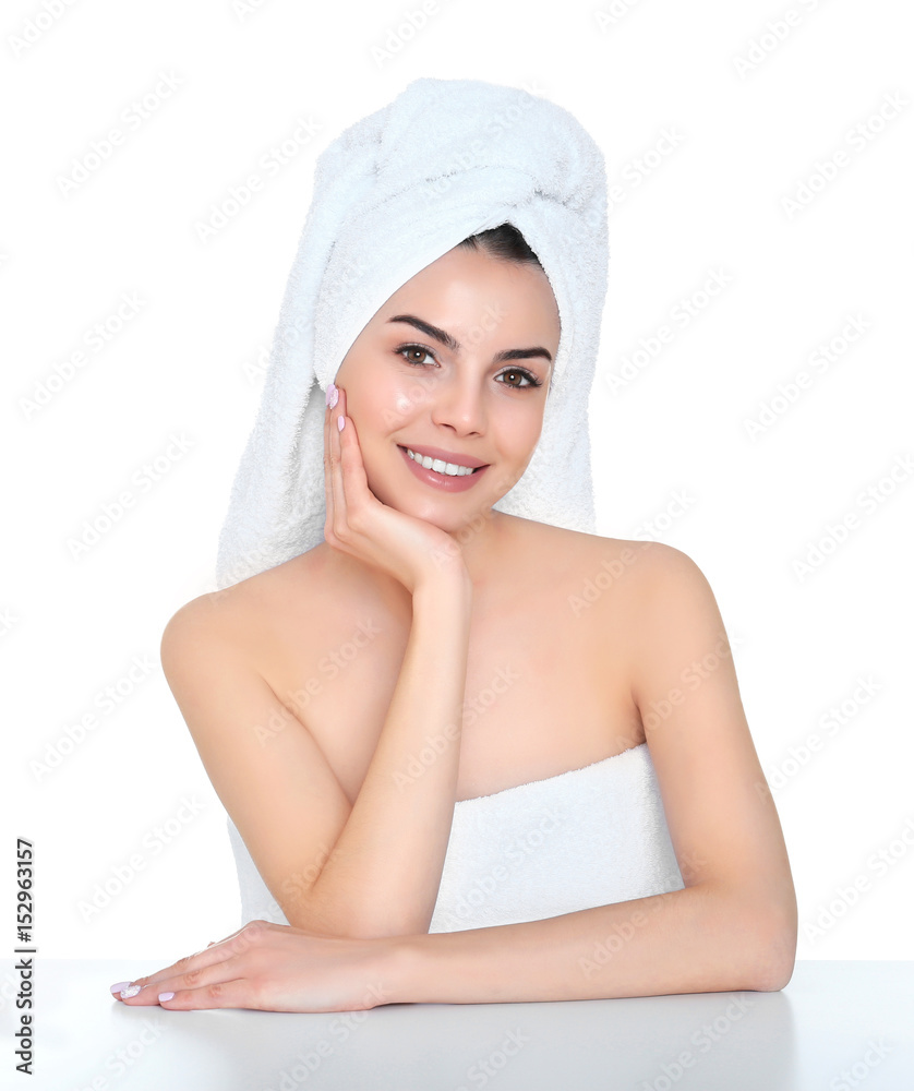 Beautiful young woman after bath on white background Beautiful young woman after bath on white background