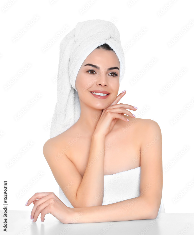 Beautiful young woman after bath on white background Beautiful young woman after bath on white background