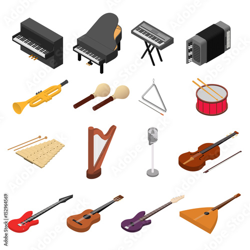 Music Instruments Color Icons Set Isometric View. Vector