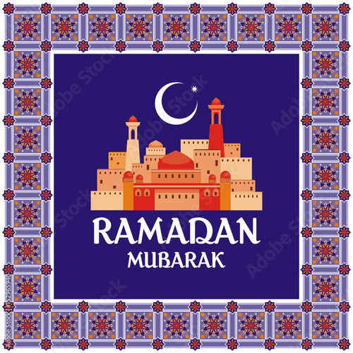 Ramadan greeting card with the image of the mosque, minarets and Middle East pattern in Moorish style. Vector template