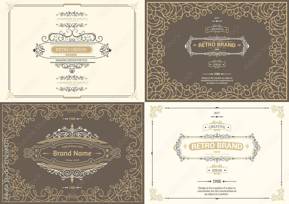 Monogram creative cards template with flourishes ornament elements. Elegant design for cafe, restaurant, heraldic, jewelry, fashion Monogram creative cards template with flourishes ornament elements. Elegant design for cafe, restaurant, heraldic, jewelry, fashion