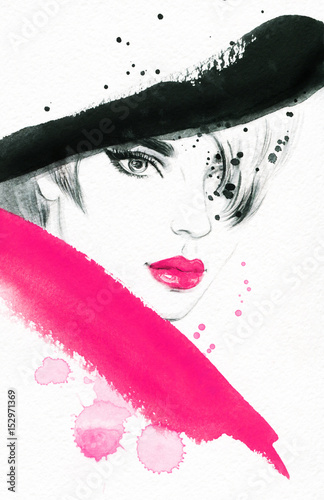 Beautiful woman in hat. Fashion illustration. Watercolor painting
