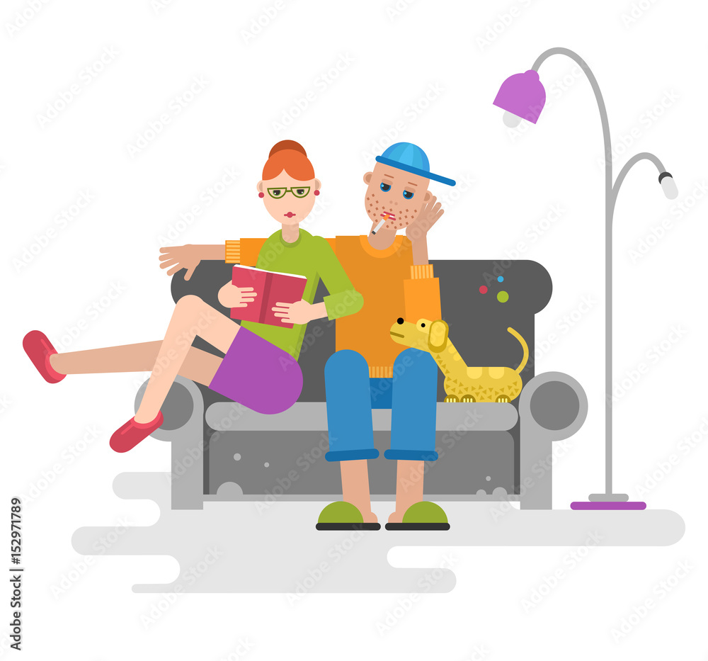 Man, woman and dog sitting on the couch with book and cigarette. Flat design style.  Vector illustration.