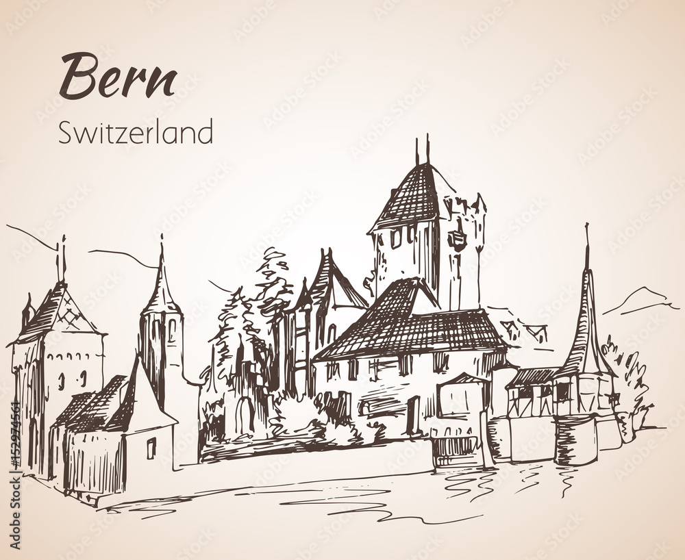 Bern city view sketch. Switzerland.