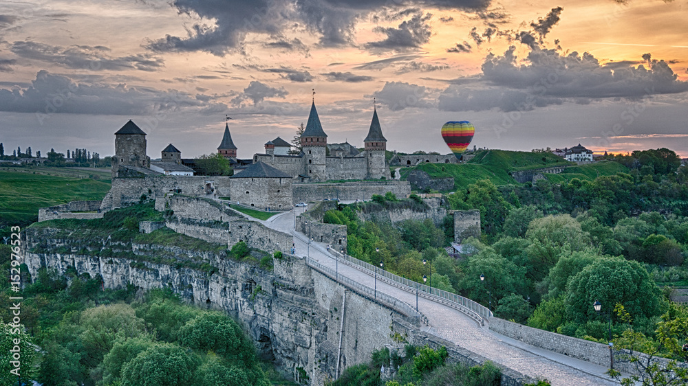 Kamianets-Podilskyi Castle. View towards the town. Ukraine. HDR image