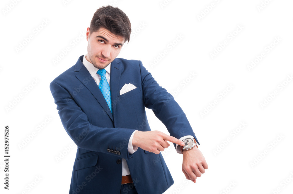 Busy lawyer pointing his wrist watch Busy lawyer pointing his wrist watch