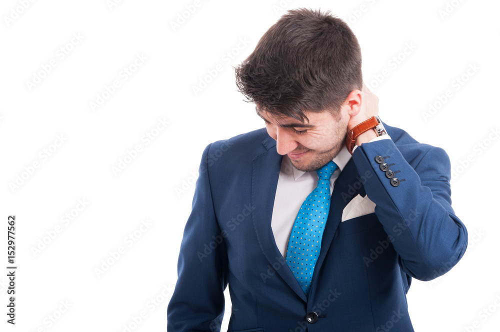 Young lawyer in formal suit having neck pain Young lawyer in formal suit having neck pain