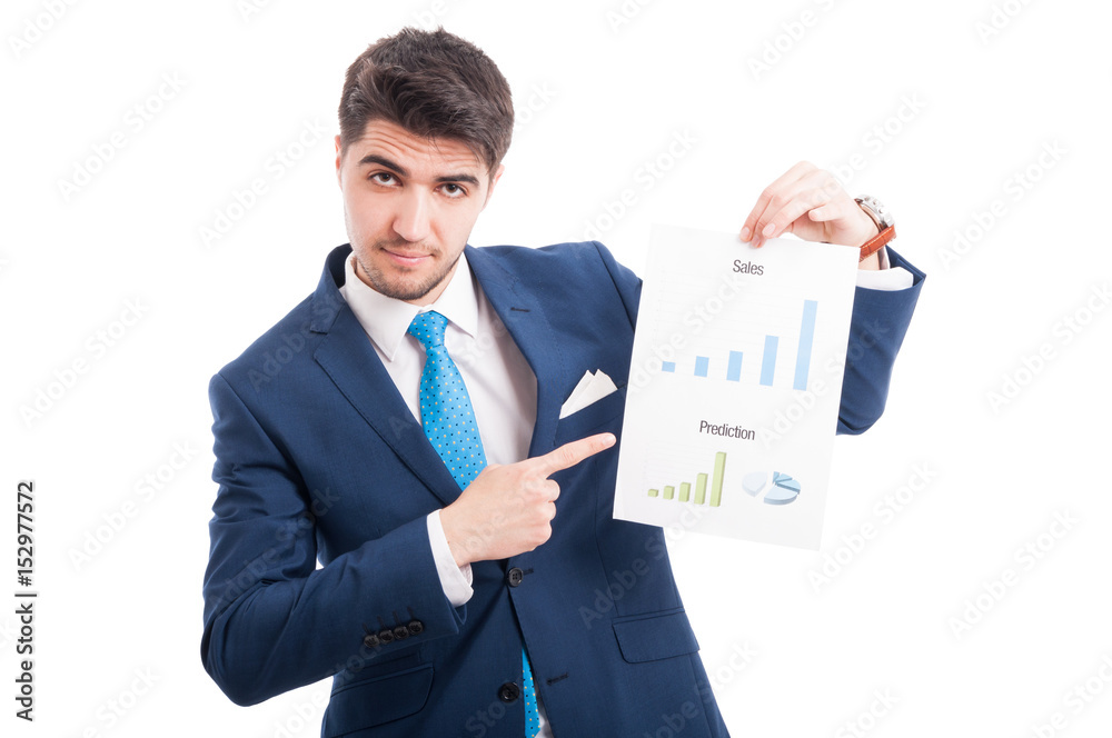 Charming entrepreneur or salesman showing his charts Charming entrepreneur or salesman showing his charts