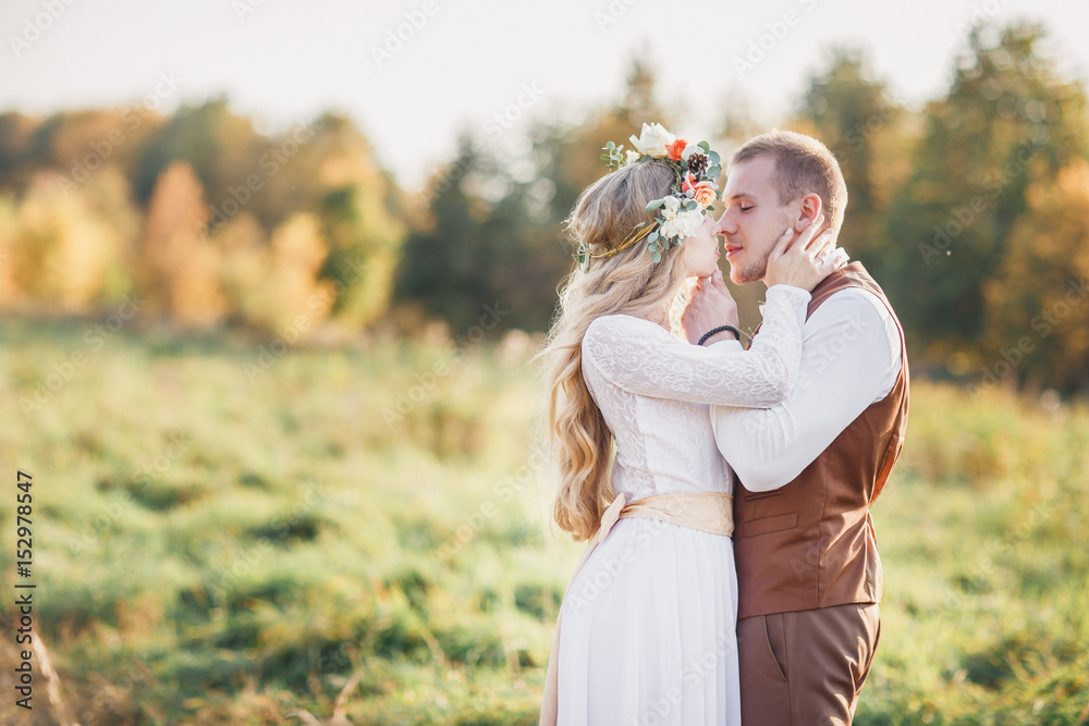 Young bride and groom kissing. The bride and groom in a field alone.