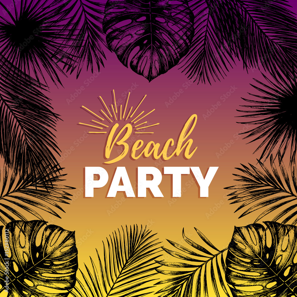Obraz premium Vector vintage beach party illustration. Exotic palm leaves background. Hand sketched jungle foliage poster.