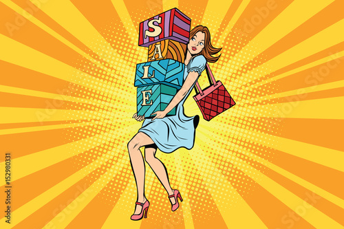 Young woman with boxes sale, buyer and shopping