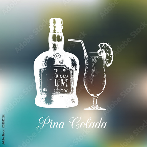Hand sketched rum bottle and pina colada glass. Alcoholic drink drawing. Vector illustration of traditional cocktail.
