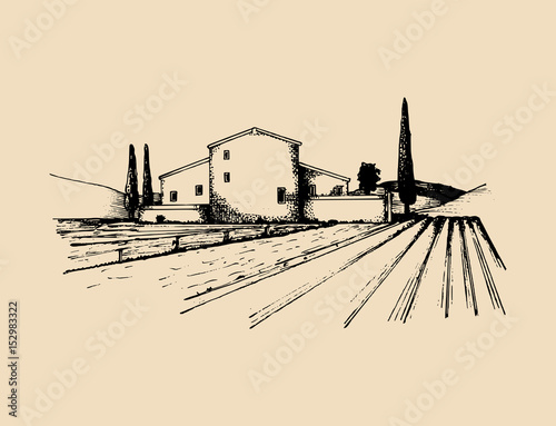 Sketch of villa, peasants house in fields. Vector rural landscape illustration. Hand drawn mediterranean homestead.