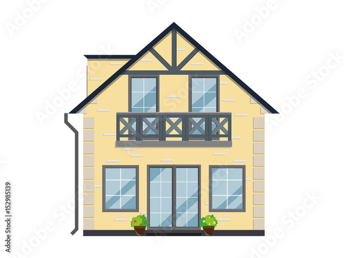 The facade of a house with flowers on a white background. The building has two floors and  balcony. Vector illustration.