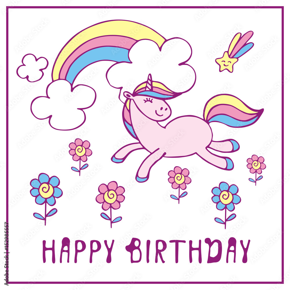 Happy birthday greeting card with the image of a beautiful fantastic unicorn. Colorful vector illustration.