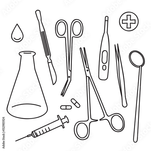 Vector line art medical tools equipment set isolated on white background