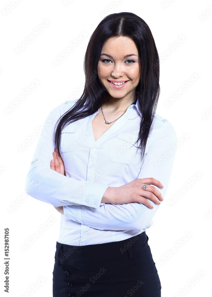 Positive business woman smiling over white background Positive business woman smiling over white background
