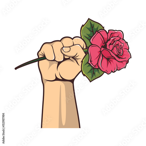 A clenched fist holding a rose