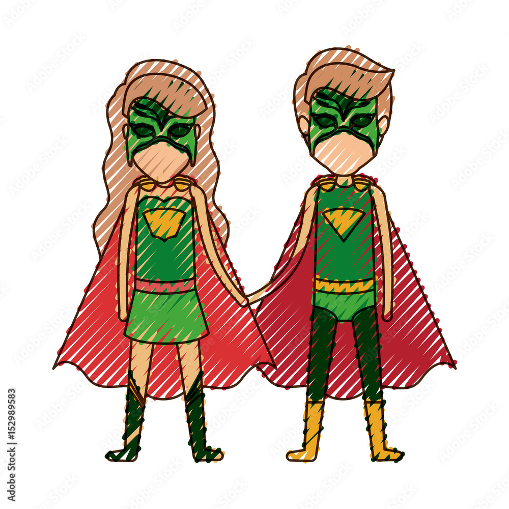 colored pencil silhouette with faceless duo of superheroes united of the hands and her with long wavy hair vector illustration