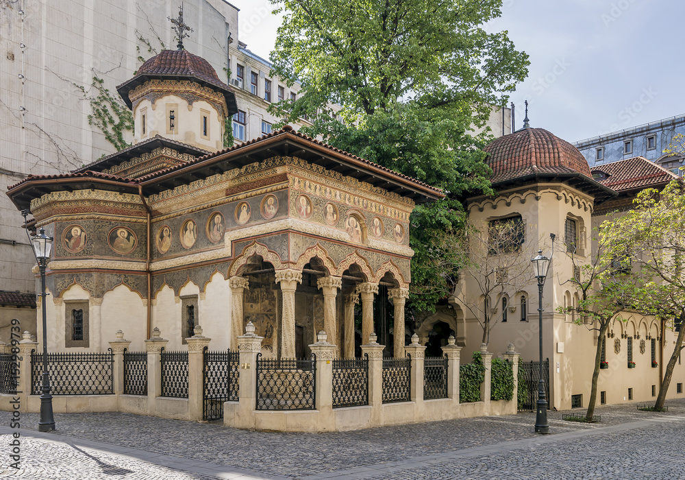 The beautiful Orthodox Stavropoleos Monastery in Strada Stavropoleos Lipscani district of Bucharest, Romania