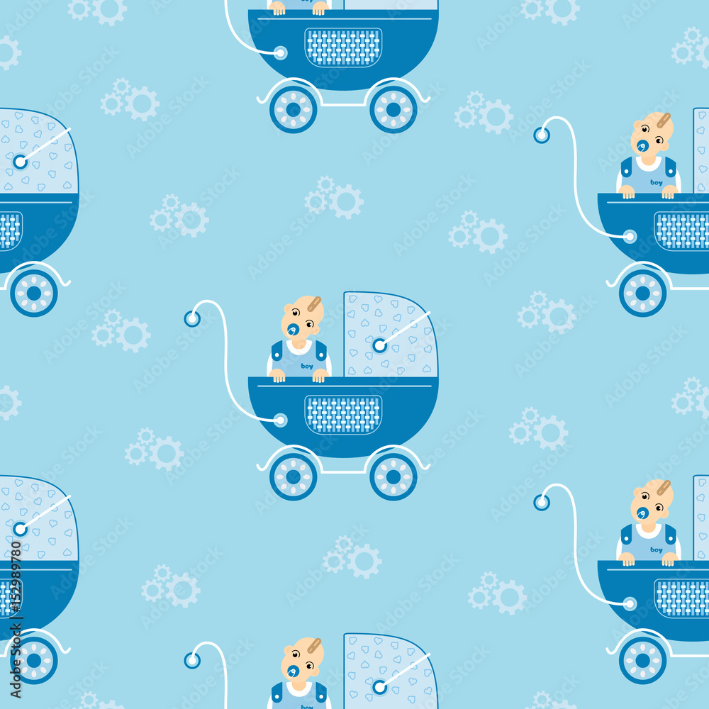 Naklejka premium Blue stroller for the boy. Seamless pattern. Vector illustration.